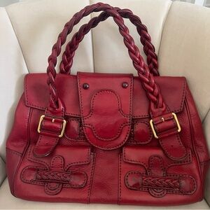 Valentino Garavani Histoire Red Leather Tote Handbag Braided Straps Purse Bag